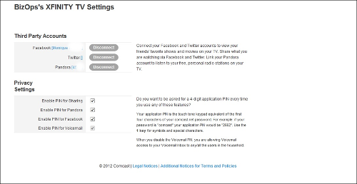 Third party accounts and privacy settings are displayed