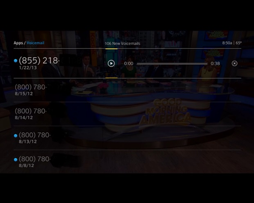 Phone numbers and voicemail messages are listed vertically. A progress bar is shown at right of the selected message.