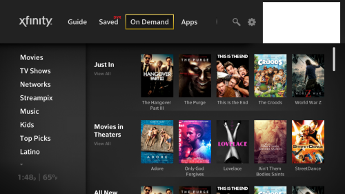 X1 Dashboard screen, On Demand tile selected