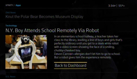 Main screen displays options for scrolling through headlines or returning to dashboard.