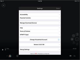 XFINITY TV app: Example of the Settings Menu. Parental Controls is the second menu option.