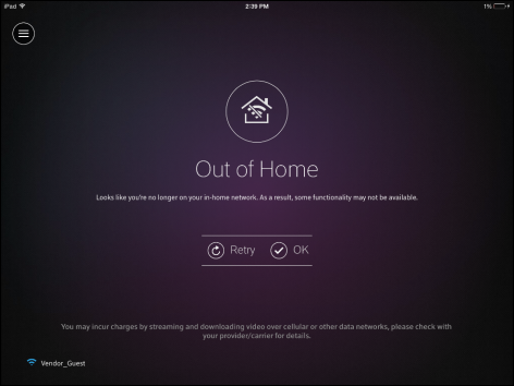 The Out of Home screen is displayed. Below center are options to retry connections (Retry) or continue (OK).