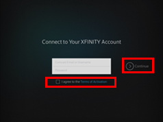 XFINITY TV app sign-in process: login screen