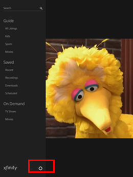 XFINITY TV app: The main navigation menu with the Tool icon highlighted.