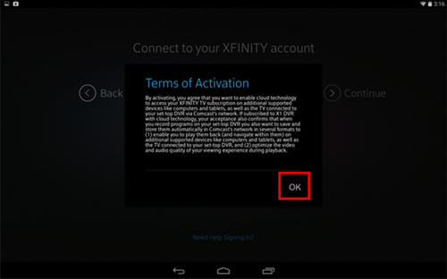XFINITY TV app sign-in process: terms of activation screen.