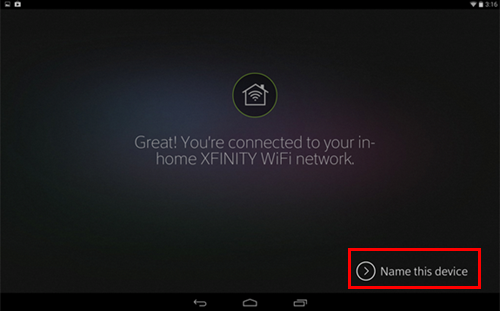 XFINITY TV app sign-in process: prompt to name device.