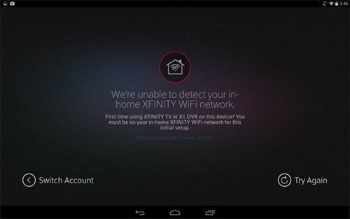 XFINITY TV app sign-in process: unable to detect XFINITY WiFi network.
