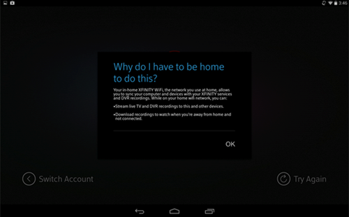 XFINITY TV app sign-in process: unable to detect XFINITY WiFi network explanation.