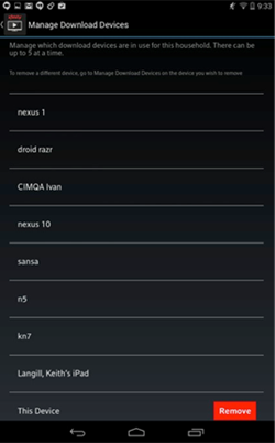 XFINITY TV app: Manage Devices menu.