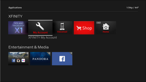 The Applications screen is displayed and XFINITY My Account is selected.