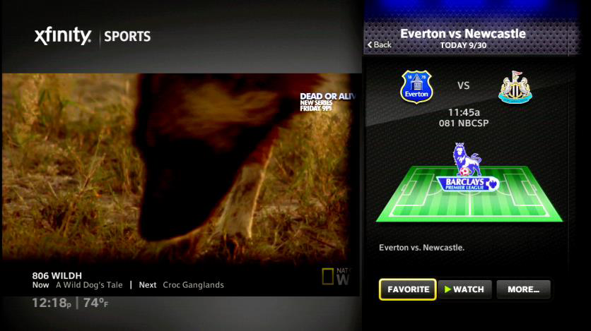 Premier League panel display with Everton vs Newcastle game. Options below for "Favorite, "Watch," and "More"