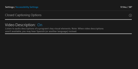 The Video Description option is reached from the left-hand side of the Accessibility Settings menu, the second item from the top.