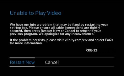 The restart now option is selected from a screen message that says unable to play video.