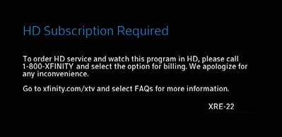 A message states that a high definition subscription is required and that customers may call 1-800-XFINITY for ordering information.