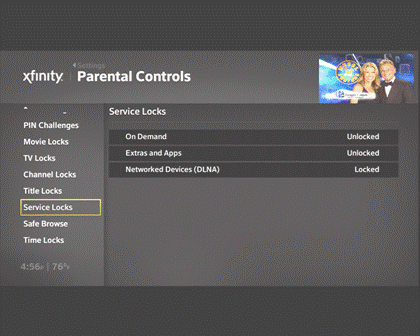 Service Locks is selected on the Parental Controls screen