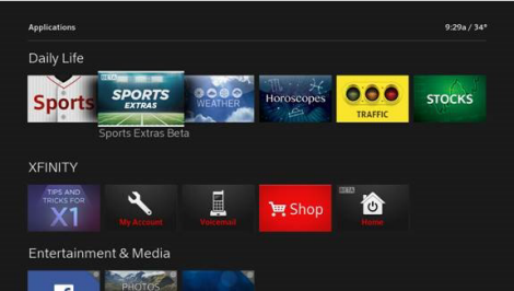 This is an image of the main menu, which has 3 rows of apps: Daily Life, XFINITY, and Entertainment & Media. The cursor is hovering over an icon reading Sports Extras.