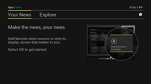 The Headlines app screen is displayed; the Your News option is highlighted at top left. Arrow to the right to choose Explore. Press OK on the remote to get started
