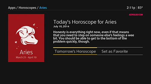 A horoscope is depicted for today, the option to view tomorrow's horoscope is highlighted below the text. To the right of Tomorrow's Horoscope is the option to set the chosen astrological sign as a favorite.