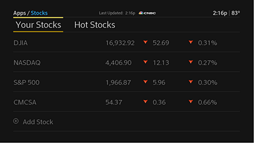 The Stocks app is selected. The "Your Stocks" option is highlighted in the top-left, with a list of stocks and their statuses beneath it. To the right of Your Stocks is the option to choose "Hot Stocks."