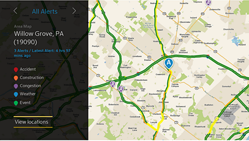 A traffic update is displayed. Beneath the area and zip code is a list of traffic alerts and an alert key to indicate if the incident it an accident, construction, congestion, weather-related, or event-related. At the bottom-left if the option to choose View Locations. The right-hand side of the scren shows the traffic map with routes and incidents highlighted.