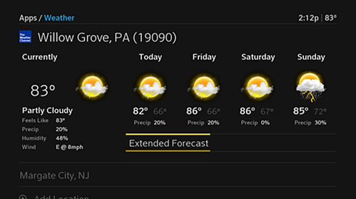 A weather forecast is depicted, with details of today's forecast and a snapshot of the next 4 days to the right. Beneath the future days is the option to choose Extended Forecast.