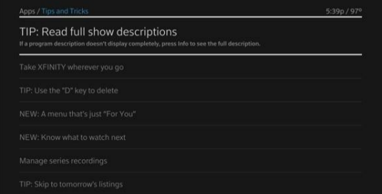 List of options for Tips and Tricks for X1 app appears; the option to read a full show description is selected at the top of the list.