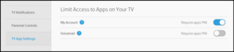 The Limit Access to Apps on Your TV menu displaying the My Account app option for Require apps PIN turned on, and the Voicemail app with the same option turned off.