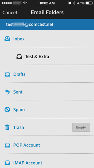 An indented Inbox one folder beneath the Inbox folder on the Folders tab is highlighted