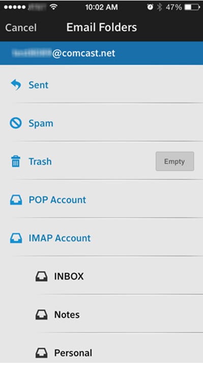 An indented Inbox one folder beneath the Inbox folder on the Folders tab is highlighted