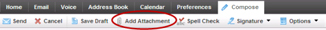Xfinity connect email toolbar with "add attachment" circled