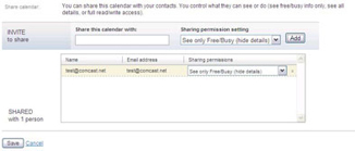 Add Contact to Share Calendar with window displays.