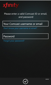The XFINITY TV Remote app on a Windows 8 phone: login screen