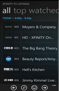 The XFINITY TV Remote app on a Windows 8 phone: TV Listings