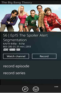 The XFINITY TV Remote app on a Windows 8 phone: TV Program selected