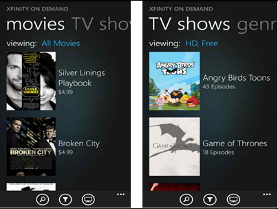 The XFINITY TV Remote app on a Windows 8 phone: XFINITY On Demand screen