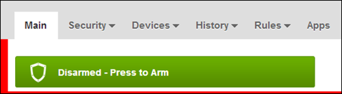 The Main tab of the XFINITY Home user portal displaying a "Disarmed - Press to Arm" status.