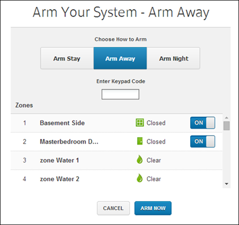 The Arm Your System screen showing a status of Arm Away. Under Choose How to Arm, the options are Arm Stay, Arm Away and Arm Night. There is a field to enter a Keypad Code and a list of Zones.