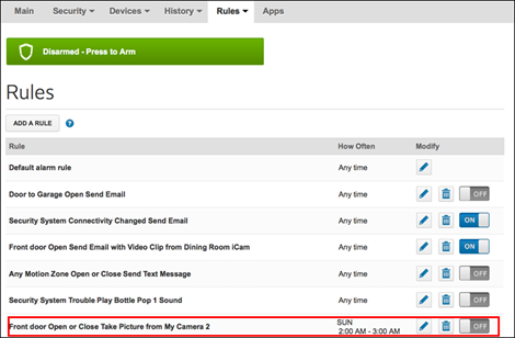 The Rules tab listing a number of user-defined rules under the heading of rules. The final rule indicates that it will occur at a specific time, on Sunday mornings between 2:00 AM and 3:00 AM.