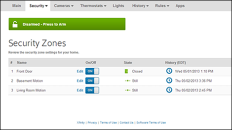 The security zones of the home appear in a list under the header Security Zones with options to turn them on/off, view the current state, or view the history.