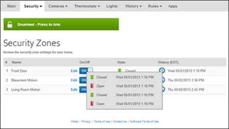 Clicking a clock icon under the History header on the right reveals that security zone's event history.
