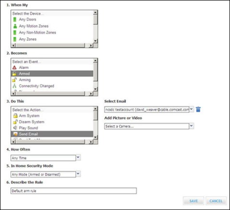 When modifying a rule you have the option to change the set criteria for an event. In sequence top to bottom, the criteria are: When My, Becomes, Do This, How Often, In Home Security Mode, Describe the Rule.