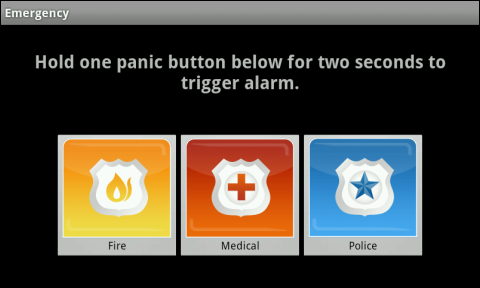 The Emergency Button screen displays a message: "Hold one panic button below for two seconds to trigger the alarm." Below it are three panic buttons: Fire, Medical and Police (left to right).