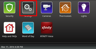 The Settings option is selected on the Home screen.