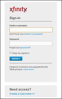 XFINITY Home Subscriber Portal - login screen