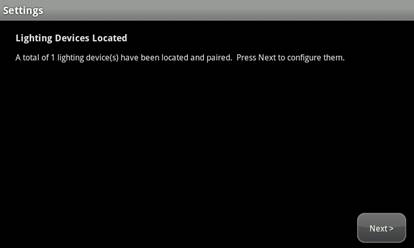 XFINITY Home Touch Screen Controller, Settings screen reading "Lighting Devices Located"