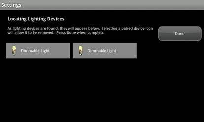 XFINITY Home Touch Screen Controller, Locating Lighting Devices screen, with two dimmable lights found