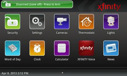 XFINITY Home Touch Screen Controller, Main Menu