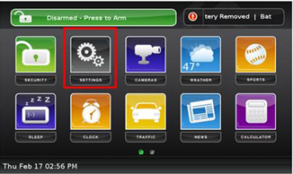 The settings widget is selected on the home screen.