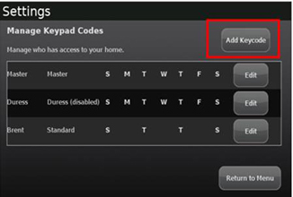 The add keycode button is selected on the manage keypad codes screen.