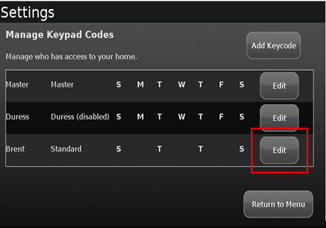 The edit button is highlighted on the manage keypad codes screen.
